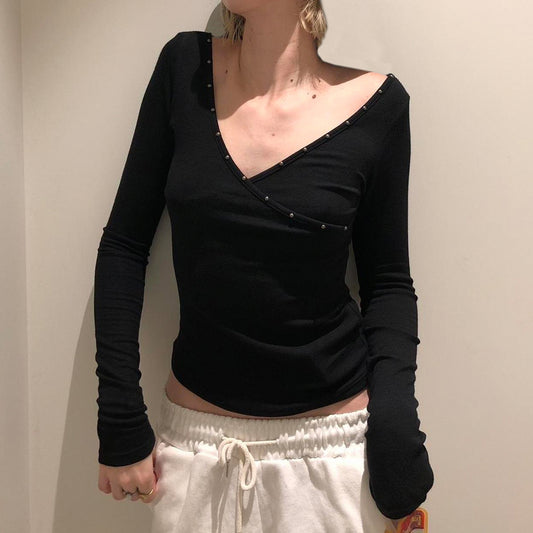 V-neck Knitted Underwear Long Sleeved Top Hot Girl New Solid Color