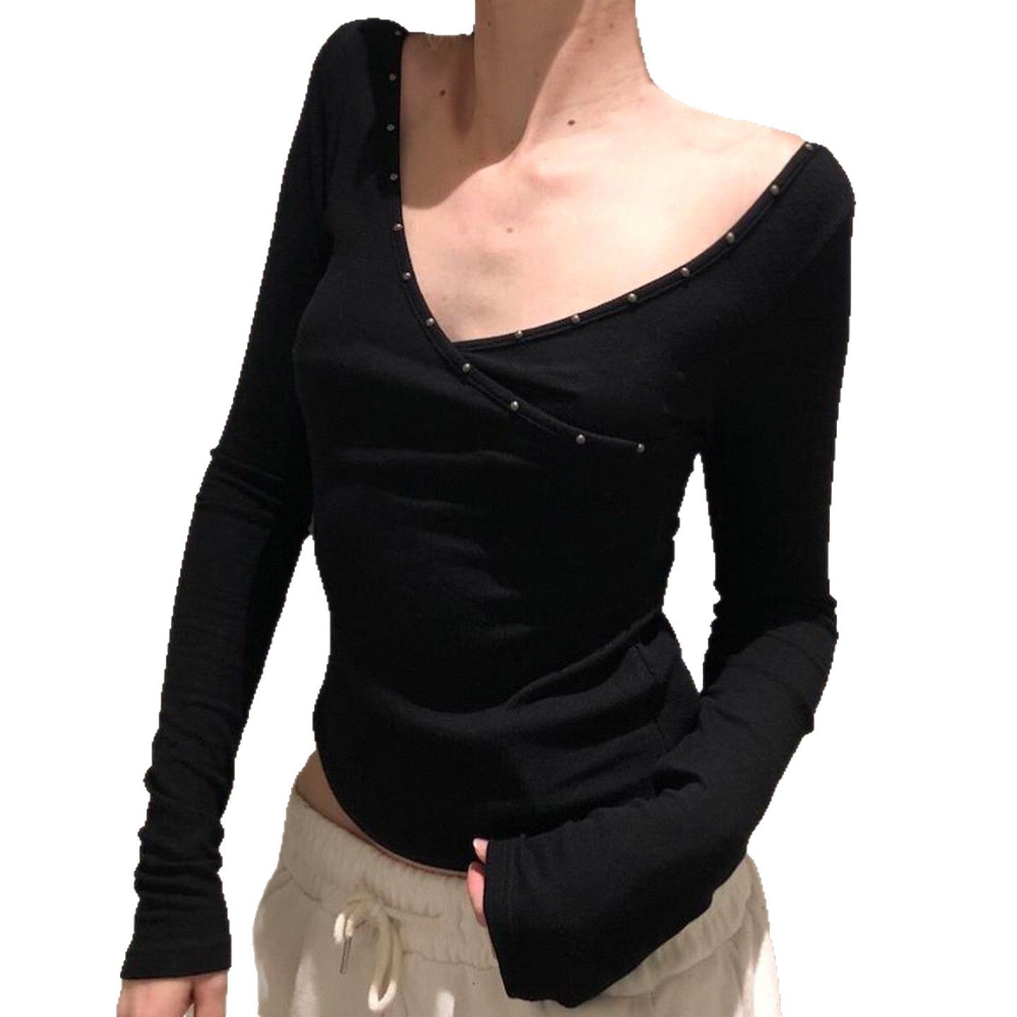 V-neck Knitted Underwear Long Sleeved Top Hot Girl New Solid Color