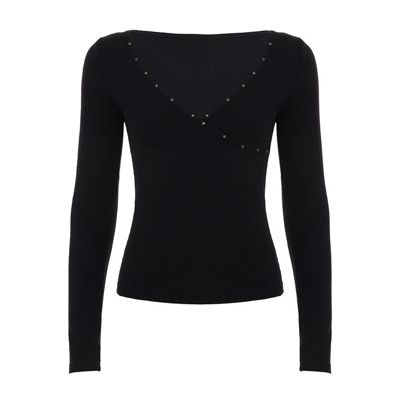 V-neck Knitted Underwear Long Sleeved Top Hot Girl New Solid Color