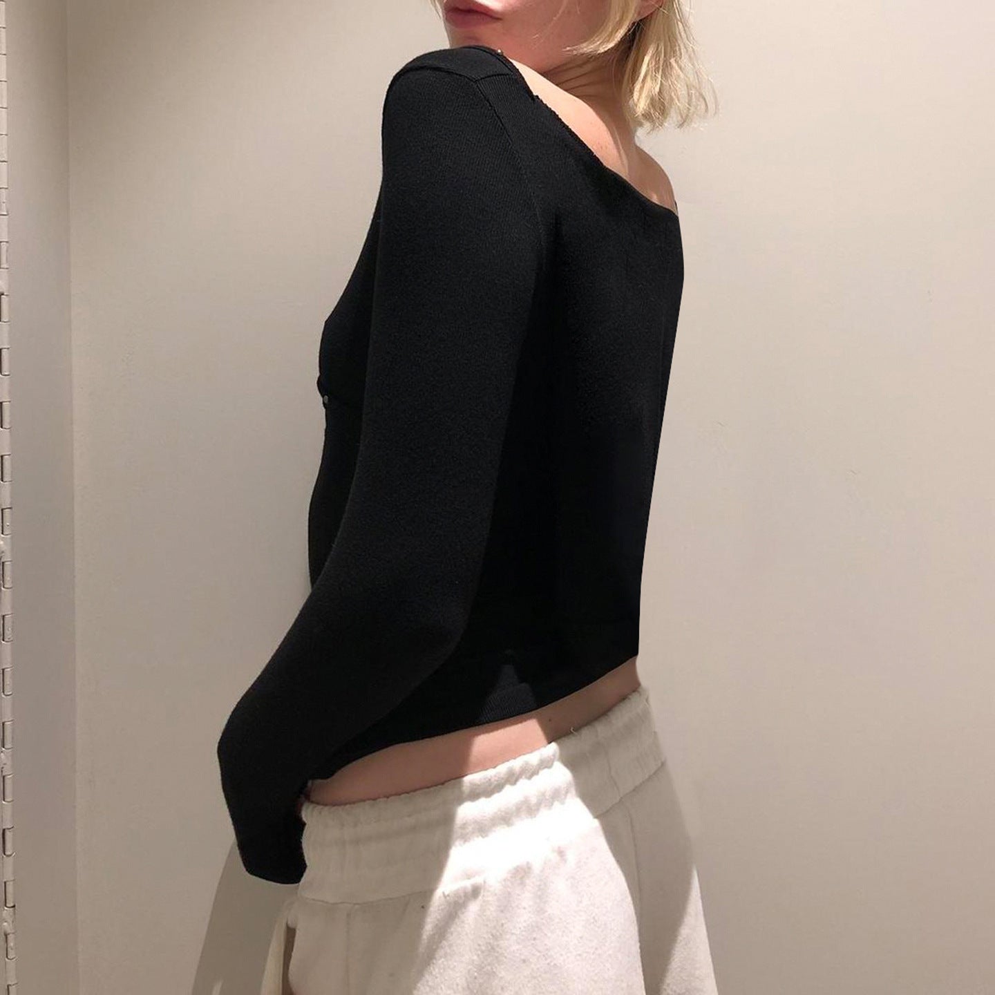 V-neck Knitted Underwear Long Sleeved Top Hot Girl New Solid Color