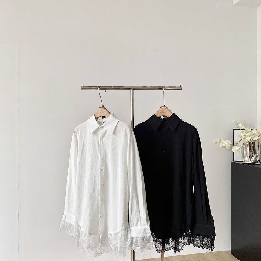 Lace Slimming Patchwork Versatile Shirt Dress With Belt