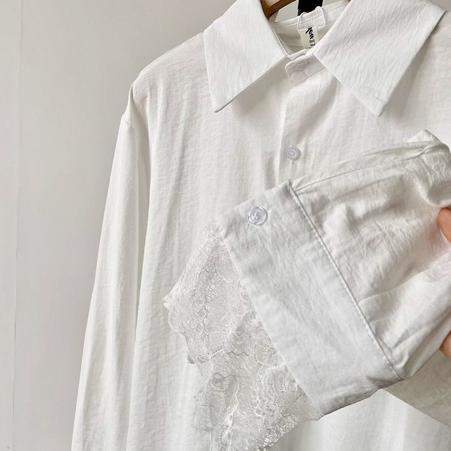 Lace Slimming Patchwork Versatile Shirt Dress With Belt